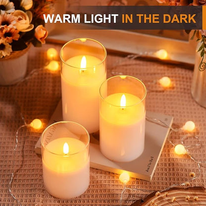 Tyawon Glass Battery Operated LED Flameless Candles with Remote and Timer, Real Wax Candles Warm Color Flickering Light for Festival Wedding Home Party Decor(Pack of 3)-White