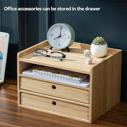 KIRIGEN Desktop Organizer with 2 Drawers and Tray - Wood Office Desk Storage Shelf for Office Supplies - Small Cabinet for Countertop Accessories Storage 3 Layer Natural（DT3D2C-NA）