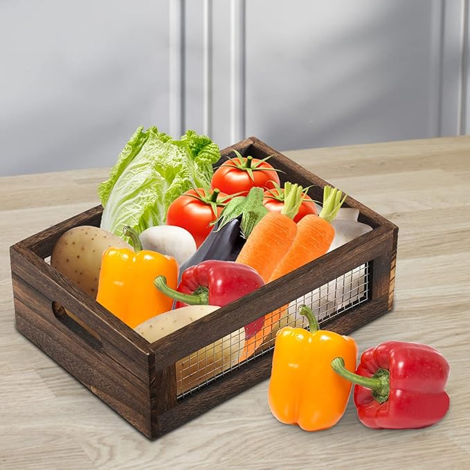 Dicunoy Set of 2 Rustic Nesting Boxes, Wooden Organizer Crates Basket, Small Decorative Wood Wire Containers with Handle for Countertop, Fruit, Veggies, Kitchen, Bathroom, Pantry Storage, Gift Basket