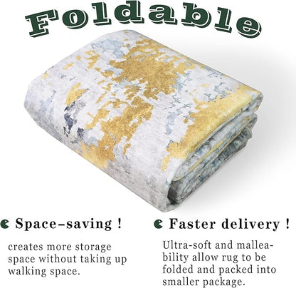vivorug Washable Rug, Ultra Soft Area Rug 4x6, Non Slip Abstract Small Rug, Stain Resistant Rugs for Living Room Bedroom, Modern Fluffy (Grey/Mustard, 4'x6')