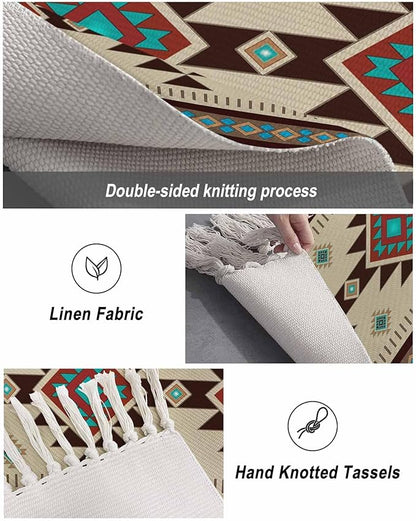 Boho Southwestern Kitchen Hallway Runner Rug 2X5 Ft Carpet, Washable Woven Aztec Abstract Geometric Throw Carpet with Tassel, Non-Shedding Vintage Native American Patterned Entryway Laundry Rugs