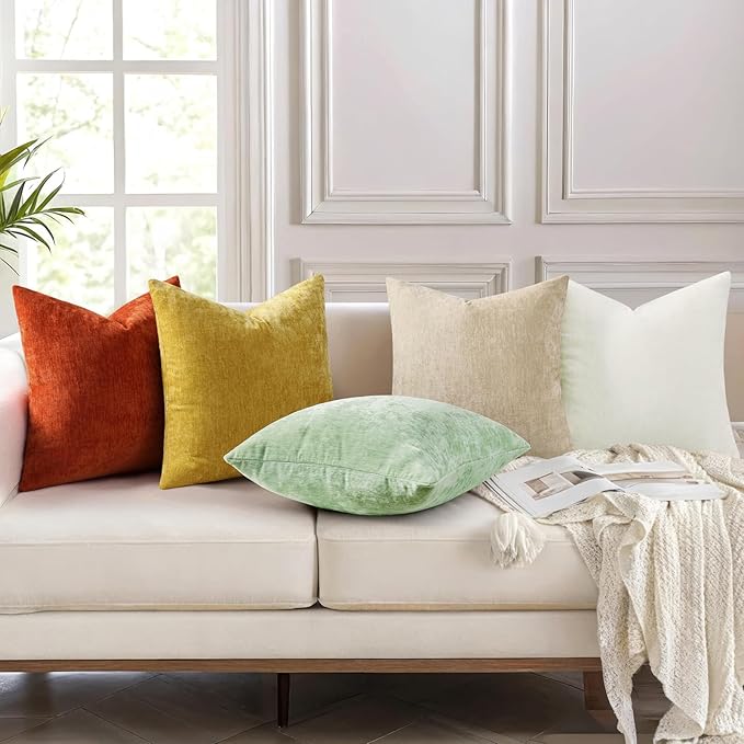 decorUhome Chenille Beige Spring Throw Pillow Covers 12x20 Inch Set of 2, Decorative Soft Couch Pillow Covers Solid Dyed Accent Farmhouse Neutral Rectangle Pillow Cases for Sofa
