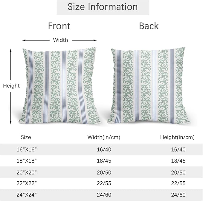 Blue Green Floral Pillow Covers 20x20 Set of 2 Spring Vitage Flower Striped Pattern Rustic Decorative Outdoor Farmhouse Zipper Boho Pillowcases Decorations Throw Cushion Cover Decor for Couch Sofa Bed