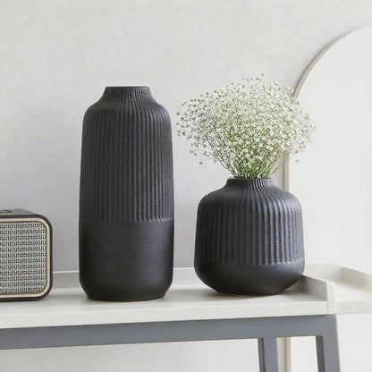 Black Ceramic Vase Set of 2, Flower Vases Home Decor, Boho Vase for Pampas Grass, Black Vases for Centerpieces Table Entryway Shelf