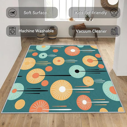 Mid-Century Modern Rug Runner - Retro Mid Century Carpet, 6x9 Rug, Colorful Circle Aesthetic Rug & Home Decor, Contemporary Area Rug & Room Decor, Washable Non Slip Anti Skid Rugs