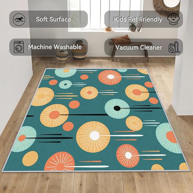 Mid-Century Modern Rug Runner - Retro Mid Century Carpet, 4x7 Rug, Colorful Circle Aesthetic Rug & Home Decor, Contemporary Area Rug & Room Decor, Washable Non Slip Anti Skid Rugs