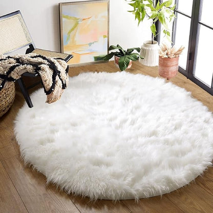 White Round Rugs 6.6ft Large Faux Sheepskin Washable Fur Area Rugs for Living Room Circle Shag Rugs for Bedroom Boho Nursery Rug