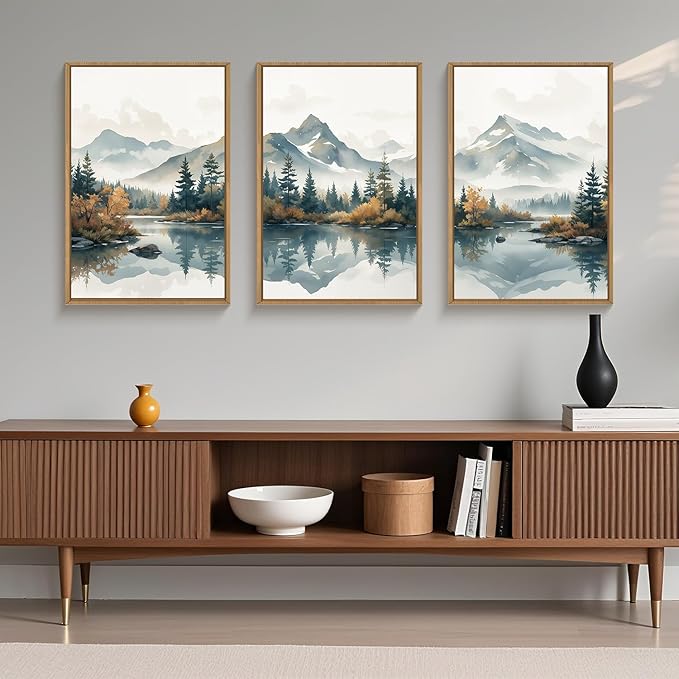 HLNIUC Winter Christmas Mountain Wall Art Framed,Large White Snowy Forest Decor Set of 3 (24"x36"), Watercolor Nature Lake Foggy Landscape Canvas Painting for Living Room, Bedroom, Office