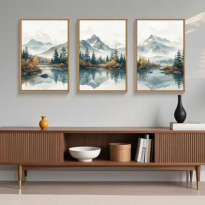 HLNIUC Winter Christmas Mountain Wall Art Framed,Large White Snowy Forest Decor Set of 3 (24"x36"), Watercolor Nature Lake Foggy Landscape Canvas Painting for Living Room, Bedroom, Office
