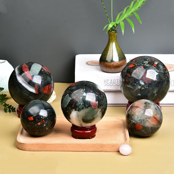 JIC Gem Large Healing Crystal Ball with Decoation Stand African Bloodstone Gemstone Sphere Ball for Meditation Energy Reiki Ball (100-110mm)