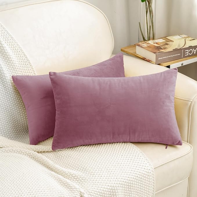 HWY 50 Purple Pink Velvet Rectangular Throw Pillow Covers 12x20 Inch, Pack of 2 Soft Cozy Solid Decorative Luxury Cushion Cases for Couch Sofa Bed Living Room Bedroom