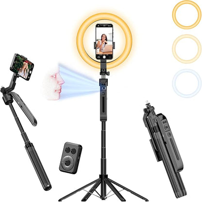 Auto Face Tracking Self Stick Tripod for iPhone with 10" Ring Light Hands-Free 360°Adjustable 70.9 Inch Smart Phone Stand with Remote for Content Creator Vlog Video Recording