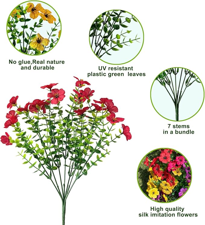 12 Bundles Artificial Flowers for Outdoor,4 Color No Fade UV Resistant Fake Flowers,Faux Plants for Outside Hanging Planters,Artificial Plants for Indoor Porch Garden Home Wedding Decor