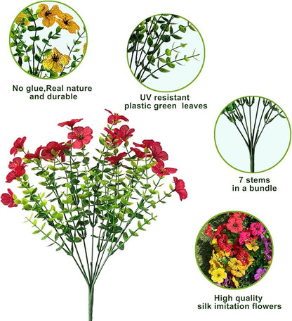 12 Bundles Artificial Flowers for Outdoor,4 Color No Fade UV Resistant Fake Flowers,Faux Plants for Outside Hanging Planters,Artificial Plants for Indoor Porch Garden Home Wedding Decor