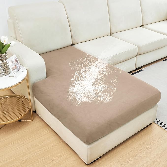 NAISI Waterproof Couch Cushion Covers Thick Velvet Fabric Washable Sofa Slipcovers 1 Piece Individual Sectional Couch Covers with Elastic Bottom(1 PC for Chaise Lounge,Sand)