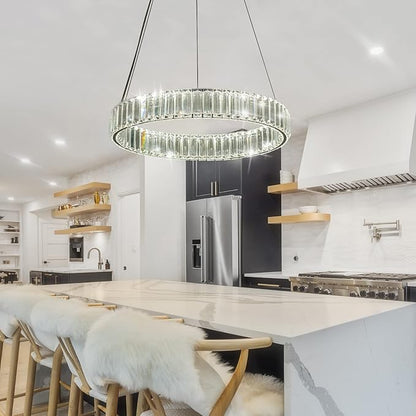 Modern Crystal Chandeliers Dimmable LED 20inch Ring Chandelier with Remote, Round Crystal Pendant Light for Kitchen Dining Room Living Room Bedroom