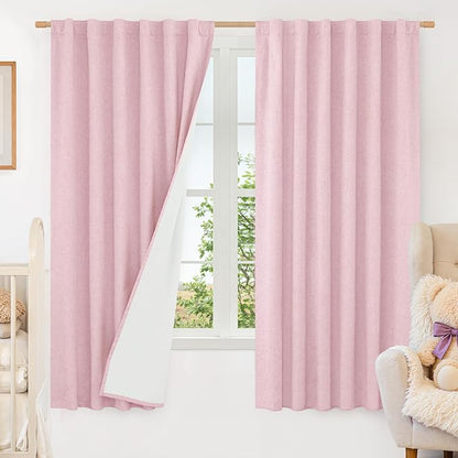 LAMIT 100% Blackout Pink Linen Curtains, 63 Inches Linen Textured Thermal Bedroom Curtains Back Tab and Rod Pocket Neutral Panels with White Liner for Girls' Room, 2 Panels, 52 x 63 Inch