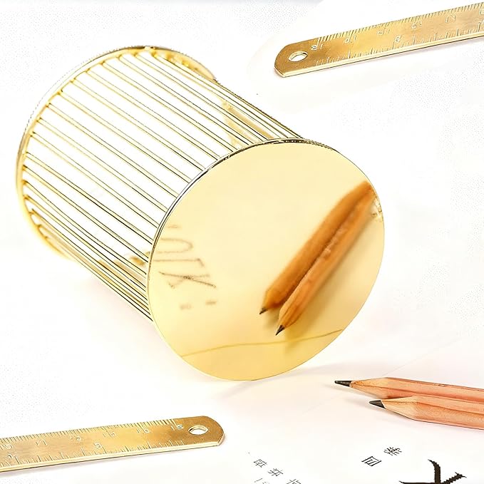 Gold Metal Pen Holder for Desk - Heavy Duty Makeup Brush Organizer Cup with, Pencil Holder for Office & Home, Storage for Stationery/Cosmetics/Art Supplies, Matte Finish, 4.8 Inch (Round)