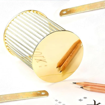 Gold Metal Pen Holder for Desk - Heavy Duty Makeup Brush Organizer Cup with, Pencil Holder for Office & Home, Storage for Stationery/Cosmetics/Art Supplies, Matte Finish, 4.8 Inch (Round)