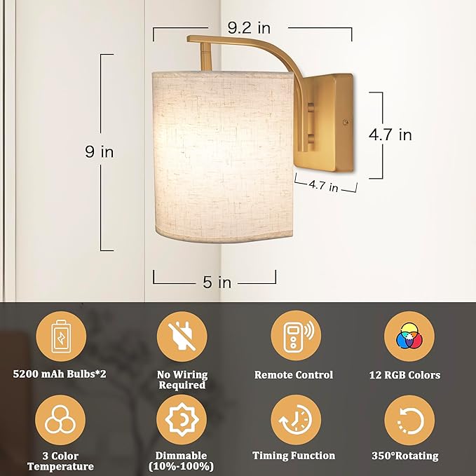Battery Operated Wall Sconces Set of 2 Rechargeable Wall Lights with Remote Dimmable Magnetic LED Bulbs12 RGB Colors and Timer Wireless Sconces for Bedroom Living Room