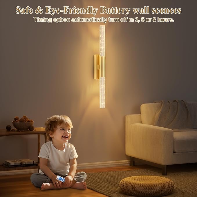 camuucci Battery Operated Gold Wall Sconces Set of 2 Rechargeable Battery Powered Wall Light with 20000mAh Not Hardwired Dimmable Wall Lamp Fixtures for Bedroom Living Room 25.6 Inches