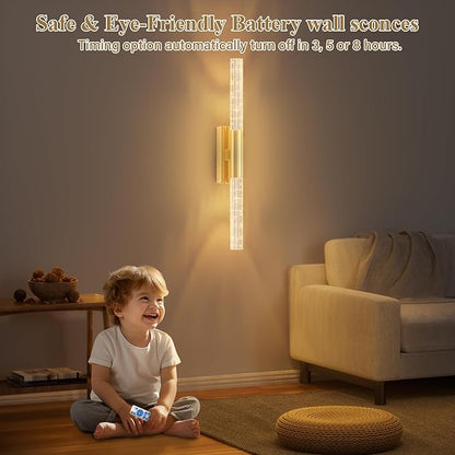 camuucci Battery Operated Gold Wall Sconces Set of 2 Rechargeable Battery Powered Wall Light with 20000mAh Not Hardwired Dimmable Wall Lamp Fixtures for Bedroom Living Room 25.6 Inches