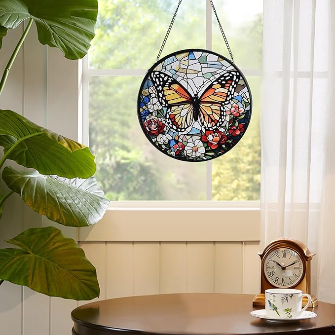 Butterfly Stained Glass Window Hanging, 7.8" Round Sun Catcher Hand Painted Wall Art Decor with Chain, Unique Housewarming Gifts for Couples, Home