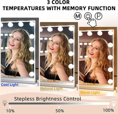 Fenair Vanity Mirror with Lights 22.8"x 18.1" Makeup Mirror with Lights and 15 Dimmable Bulbs,3 Colors Modes,Hollywood Mirror with USB Charging Port and 10X Detachable Magnification Mirror