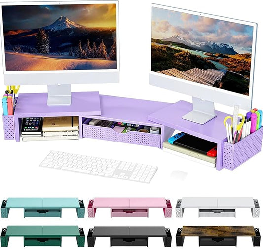 Spacrea Metal Desk Organizers and Accessories, Dual Monitor Stand Riser with Drawer and 2 Pen Holders, Desk Accessories & Workspace Desktop Organizers for Office Supplies (Purple)