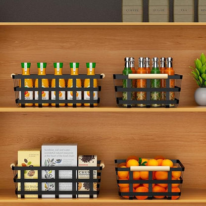 4 Packs Large Metal Storage Baskets,Farmhouse Baskets,Matte Black Pantry Organizer Baskets with Wood Handle, Metal Baskets Bins for Kitchen Pantry Shelf Cabinets