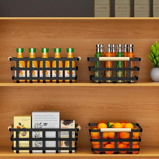 4 Packs Large Metal Storage Baskets,Farmhouse Baskets,Matte Black Pantry Organizer Baskets with Wood Handle, Metal Baskets Bins for Kitchen Pantry Shelf Cabinets