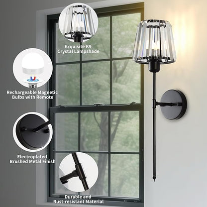 Battery Operated Crystal Wall Sconce Set of 2, Matte Black Wireless Wall Light with Remote Control, LED Dimmable 15 Colors USB Rechargeable Light Bulbs Wall Lamp for Bedroom Living Room Hallway