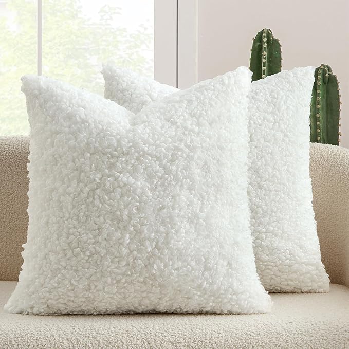 MIULEE Pack of 2 Throw Pillow Covers 18x18 Inch Neutral Pure White Faux Fur Decorative Sherpa Pillow Covers Fuzzy Accent Soft Sheepskin Fleece Cushion Cases for Boho Home Decor Couch Living Room Bed