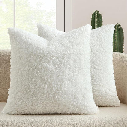 MIULEE Pack of 2 Throw Pillow Covers 18x18 Inch Neutral Pure White Faux Fur Decorative Sherpa Pillow Covers Fuzzy Accent Soft Sheepskin Fleece Cushion Cases for Boho Home Decor Couch Living Room Bed