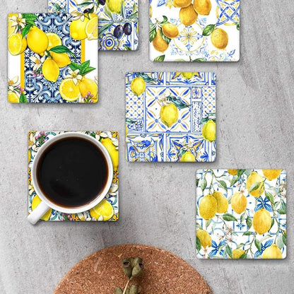 Coasters for Drinks Set of 6, Yellow Lemon Fruit Blue Ceramic Tiles Pattern Absorbent Square Ceramic Stone Mat, with Cork Base and Metal Holder, Gift for Housewarming Room Bar Decor