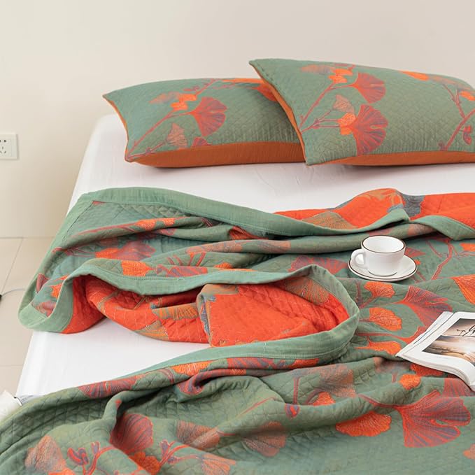 100% Cotton Muslin Blanket Jacquard Green Orange Floral Ginkgo Leaves Quilt, Soft Bed Cover Lightweight Breathable Gauzy Reversible Bedspread Coverlet Twin(59"x94"), No Pillow Sham