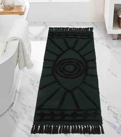 Uphome Kitchen Rug 2'x4.3' Washable Evil Eye Tufted Bathroom Runnner Rug with Tassels Soft Cotton Woven Boho Rug Farmhouse Aesthetic Dark Gray Accent Mat for Bedroom Entryway Laundry Room Porch