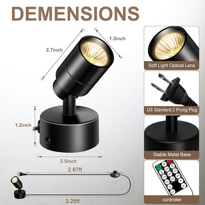 2 Pack LED Spot Lights - Dimmable with Timer & Remote,3W 3000K-5000K, 5.9FT Cord for Paintings,Wall Art, Indoor Plants & Home Accent Lighting