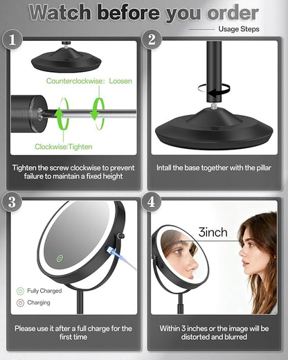 VFD 30X/1X Makeup Mirror with Lights, Height Adjustable Lighted Magnifying Vanity Mirror with 3 Lighting and Adjustable Brightness, 3000mAh Rechargeable Double Sided Switch for Desk Women Gift