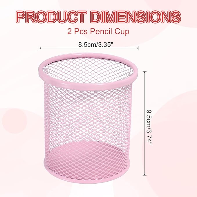 uxcell 2Pcs Mesh Pencil Holder, Metal Pen Cup Desk Organizer Makeup Brush Cup Holder for Home, Office, Classroom(Pink)