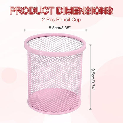 uxcell 2Pcs Mesh Pencil Holder, Metal Pen Cup Desk Organizer Makeup Brush Cup Holder for Home, Office, Classroom(Pink)