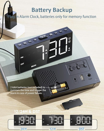 Loud Alarm Clock with Bed Shaker for Heavy Sleeper,3-level Vibrating,Large Digits,Weekday/Weekend Mode,Dual Alarms for Hard of Hearing/Deaf, 5 Volume,Dimmer,USB Charger,Snooze,Battery Backup