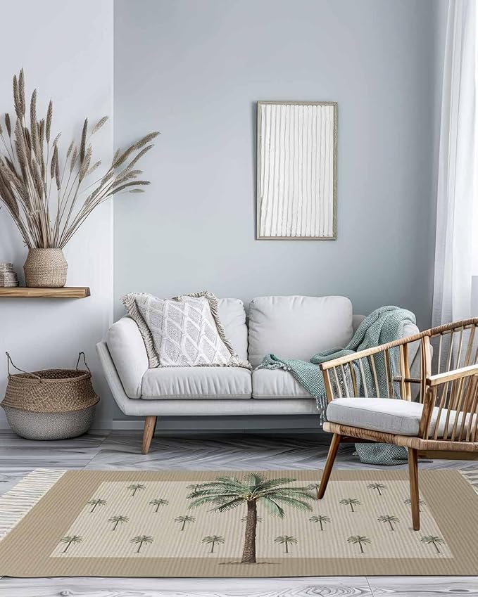 Tropical Palm Tree Runner Rug 3X5 Ft Bedroom Area Rug, Washable Woven Brown Summer Beach Plant Throw Carpet with Tassel, Non-Shedding Farmhouse Retro Green Botanical Dining Room Living Room Carpets