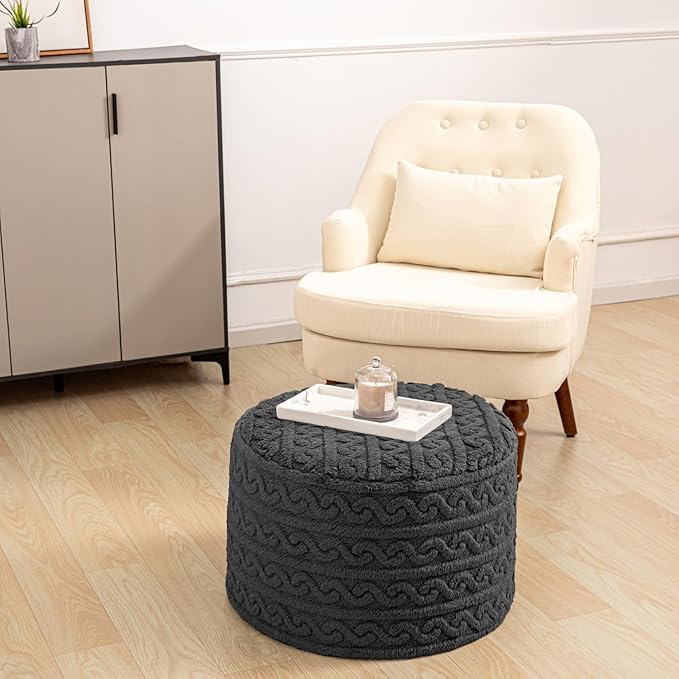 Round Plush Ottoman Pouf Stuffed– Fluffy Ottoman Foot Rest with Modern Foam Filler 20" x 14" Cozy Floor Pouf for Living Room & Bedroom (Gray)