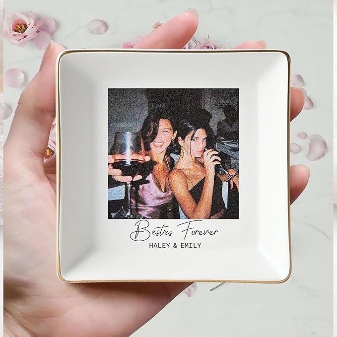 Custom Photo Bestie Jewelry Dish, Ceramic Personalized Ring Dish, Trinket Dish Gift for Long Distance Friendship Soul Sister Women BFF Christmas Birthday Wedding Bride To Be Gift