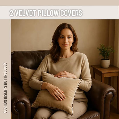2 Pack Velvet Decorative Throw Pillow Covers, 20"x20", Beige and Brown, Solid, Modern, Contrast Piping, Indoor Use, Bedroom & Living Room