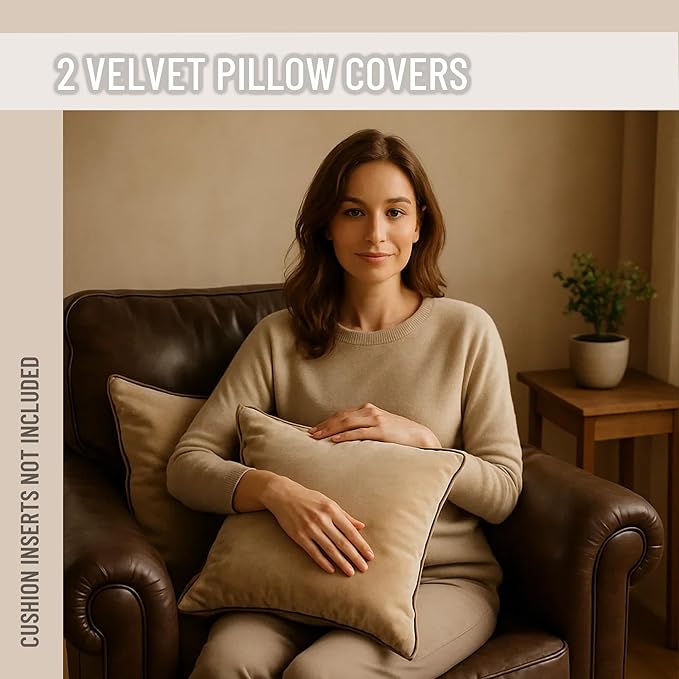 2 Pack Velvet Decorative Throw Pillow Covers, 18"x18", Beige and Brown, Solid, Modern, Contrast Piping, Indoor Use, Bedroom & Living Room