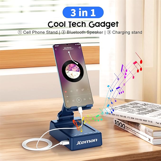 JTEMAN Gifts for Men Women,Cell Phone Stand with Bluetooth Speaker,Cool Tech Gadgets,Unique Birthday Gifts for Men Husband Mom Dad-Blue