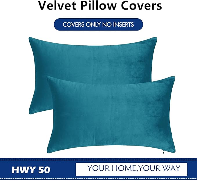 HWY 50 Ocean Blue Velvet Rectangular Throw Pillow Covers 12x20 Inch, Pack of 2 Soft Cozy Solid Decorative Luxury Cushion Cases for Couch Sofa Bed Living Room Bedroom