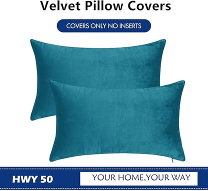 HWY 50 Ocean Blue Velvet Rectangular Throw Pillow Covers 12x20 Inch, Pack of 2 Soft Cozy Solid Decorative Luxury Cushion Cases for Couch Sofa Bed Living Room Bedroom